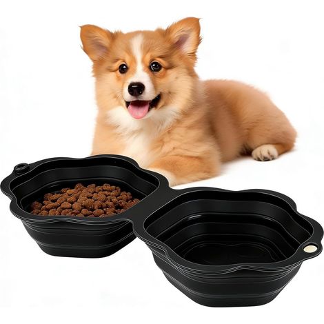 Gamelle pliable en silicone double pour animaux de compagnie (noir) avec mousqueton - Gamelle de voyage spacieuse pour l'eau et la nourriture, pour chiens et chats (1/5)