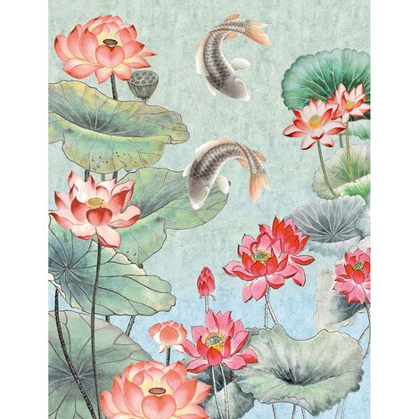 Papier peint panoramique japonais vert & rouge Tapisserie panoramique fleurie avec poissons Papier peint panoramique salle de bain & cuisine (1/2)