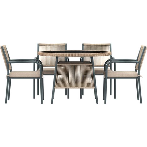 Modernes Gartenmöbel-Set aus Rattan , Runder Glastisch + 4 Armlehnstühle , Eisengestell , Geeignet für Terrasse/Balkon/Deck (1/5)