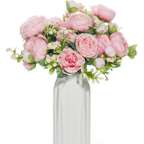 Fleurs Artificielles - Bouquet Faux Roses en Soie - Centre de Table pour Vase ou Gâteau - 4 Bouquets - Hauteur 30 cm - 5 Grosses Fleurs (1/5)