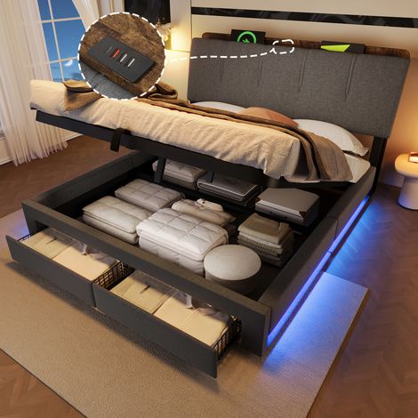 Bett mit Stauraum Leinen Grau 140x200 cm mit USB/Typ-C, LED-Beleuchtung und hydraulischem Bettkasten (1/5)