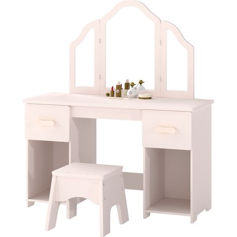 Coiffeuse pour Enfants avec Tabouret et Miroir à Trois Volets en Acrylique, 2 Tiroirs et 2 Placards, Rose (1/4)