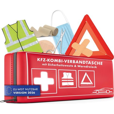 KFZ Verbandstasche rot nach DIN 13164:2022 inkl. Pannendreieck und Warnweste, Kombitasche (3in1) Erste Hilfe Set Auto