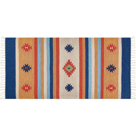 Alfombra kilim de algodón rojo azul amarillo 80 x 150 cm a mano geométrico borlas Taronik
