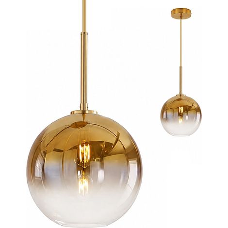 Suspension Moderne en Verre avec Douille E27, Luminaire Plafonnier à Abat-Jour Sphérique de 25 cm pour Îlot de Cuisine, Salle à Manger (Doré, 1 Lumière) (1/5)
