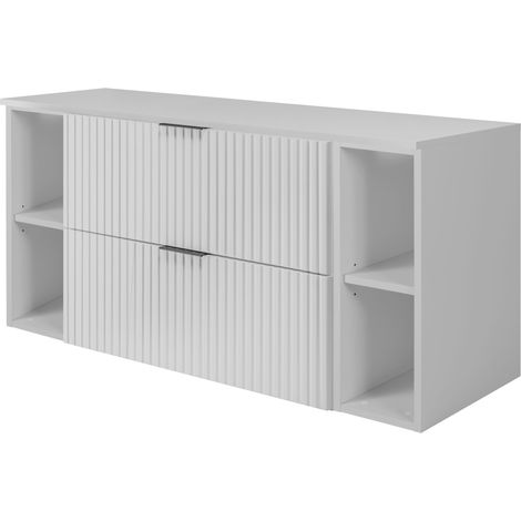 Furnidea - Meuble sous vasque FLOW BLANC 120 cm avec 2 x l'étagères - extensions et plan - 2 tiroirs - façades rainurées (1/5)