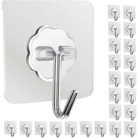 Crochets adhésifs muraux de cuisine - Lot de 24 crochets robustes (6 kg max.) sans clous, avec crochets en acier inoxydable, réutilisables, pour serviettes, salle de bain, plafond. (1/5)