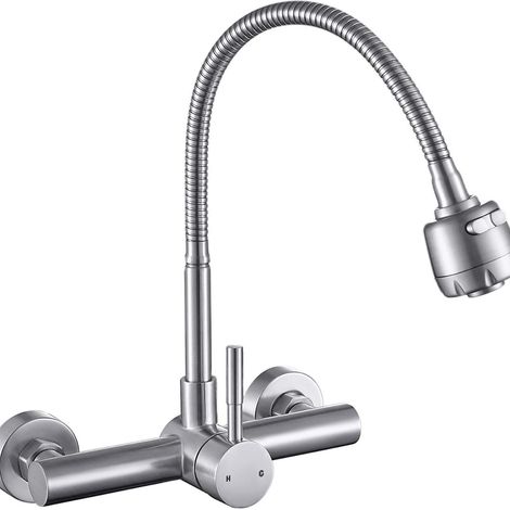 Grifos de cocina murales de acero inoxidable cepillado, mezclador de agua fría y caliente para fregadero, 2 modos de salida de agua, caño giratorio - OTROS (1/5)