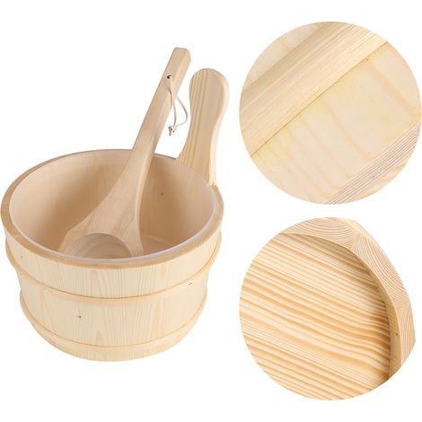 Ensemble de seau et louche en bois naturel pour salle de bain, sauna et spa, accessoires de bain (1/5)
