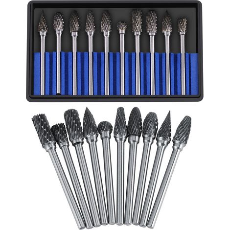 Set di 10 frese in carburo di tungsteno a doppio taglio, gambo da 6 mm, testa da 3 mm, per lucidatura, incisione e foratura del metallo.