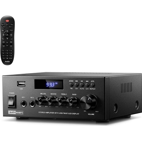 Amplificateur Audio Domestique, Récepteur Stéréo 2.0 Canaux avec Bluetooth 5.3, Télécommande Multifonction, FM, RCA, USB, 2 Entrées Micro, pour Karaoké, Garage, Home Cinéma, MAMP3 (1/5)