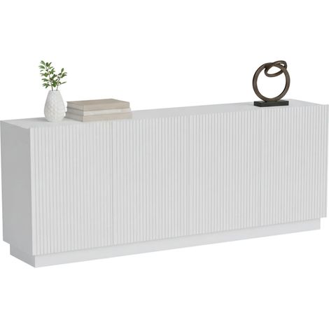 Credenza Masainas, Madia da salotto con quattro ante battenti, Design con effetto cannettato, 150x40 h48 cm, Bianco