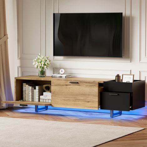 Mueble de TV 180x38x49 cm, diseño bicolor en madera natural/negro con cajones, estantes abiertos e iluminación LED (1/5)