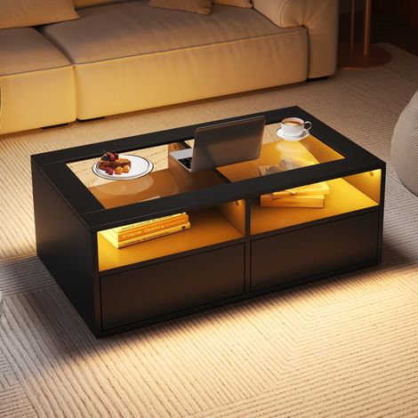 Table basse noire 100x50x35 cm avec LED,2 tiroirs,plateau verre et rangement ouvert. Design moderne,pratique pour le salon et la vie quotidienne.