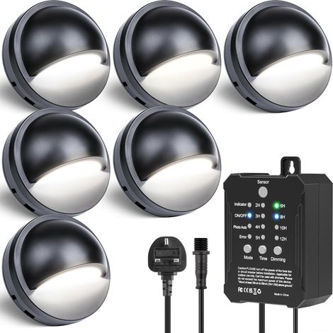 6 pièces lumineuses LED basse tension avec transformateur, minuterie et capteur de cellule photoélectrique, étanche IP67 pour clôtures extérieures de jardin, Lumière blanche chaude [Classe énergétique