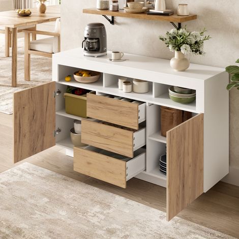Credenza 140x40x85 cm bianco e naturale in truciolato con 3 cassetti, 2 ante e 3 ripiani aperti (1/5)