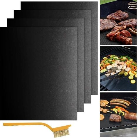 Lot de 4 tapis de cuisson antiadhésifs réutilisables avec brosse de nettoyage incluse – Plaque de cuisson pour barbecue à gaz, charbon de bois et électrique (40 x 32 cm) – Noir (1/4)