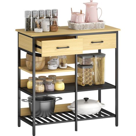 Credenza, cassettiera con 2 cassetti, 3 ripiani a giorno Mobile da cucina per cucina, soggiorno 90 x 40 x 91 cm, legno naturale