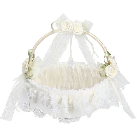 Weißer Blumenkorb für Hochzeiten, Spitzenbesatz, großes Fassungsvermögen, elegant und romantisch – perfekt als Requisite für Hochzeitsfotos.