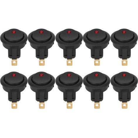 Paquete de 10 interruptores basculantes redondos SPST de 12 V, resistentes al agua, con luz LED y terminales plateados de 3 pines. (1/5)