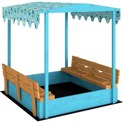 Sabbiera per Bambini 3-6 Anni 134,5x127,5x130 cm con Tettuccio Dinosauri Sedute Pieghevoli Coperchio e Fodera in Legno di Abete Blu (1/5)