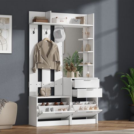 Ensemble meuble entrée blanc 110x34x185cm porte-manteau banc chaussures miroir 2 tiroirs placards rabattables 3 crochets étagères rangement (1/5)