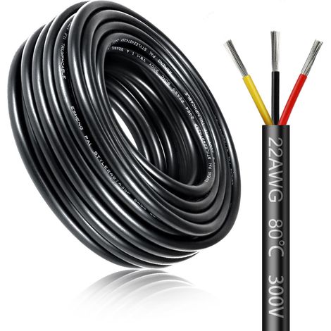 Câble Électrique 10 Mètres 22 AWG 3x0,3mm², Câble à 3 Conducteurs 5 V/12 V/24 V/220 V, Cuivre Étamé, Flexible et Souple, Faible Impédance, Haute Résistance à la Température, Câble d’Extension (1/5)