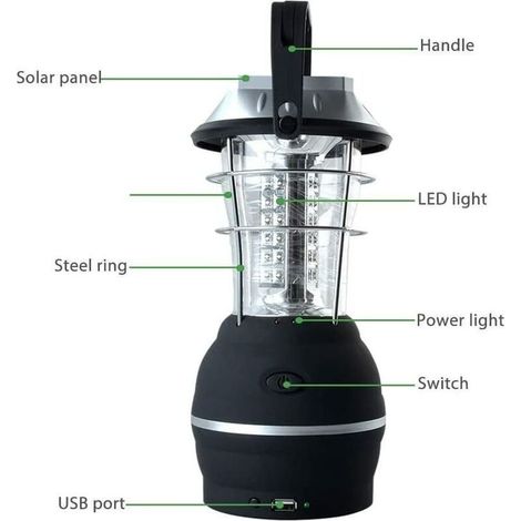 Lanterne Solaire, Lampe de Camping LED Ultra Bright, 2 Modes D'éclairage Réglable, 5 Méthodes de Charge, avec Dynamo à maniv, Longue Durée D'éclairage pour Camping Randonnée Pêche Secours (1/5)
