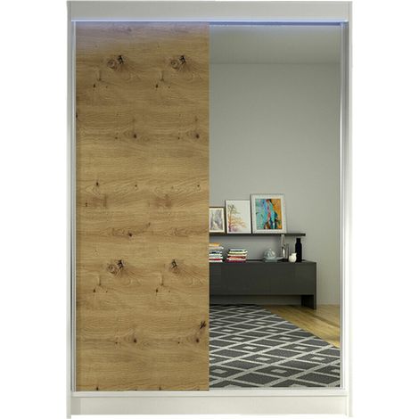 Armario Closico Salvor I, Blanco + Roble Artisan, 200x120x58cm, Puertas de armario: Correderas, Número de estantes: 5, LED (1/4)