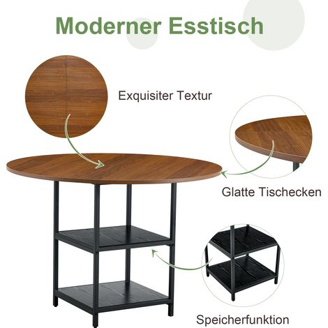 Table ronde 107 cm diamètre avec double étagère aspect noyer, plateau MDF + piètement métal, convient pour 2 à 4 personnes, idéal pour repas familiaux européens. (1/5)