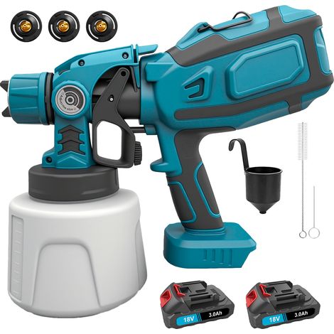 Pistola de pintura con batería, 18 V, 2 baterías de 3000 mAh y cargador, depósito grande de 1400 ml, 3 boquillas (1,0/1,8/2,5 mm), 3 patrones de pulverización, control de flujo variable, ideal para (1/5)