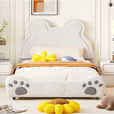 DESVIAE Lit enfant rembourré forme ours en velours doux 140 x 200 cm blanc avec sommier à lattes (1/5)