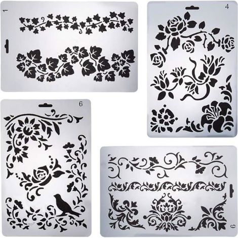 4pcs A5 Pochoir en Fleur Dessin Pochoir Modèles de Peinture Réutilisables Pour Journal Mural Fleurs + plantes PLAQUE DE TEXTURE (1/5)