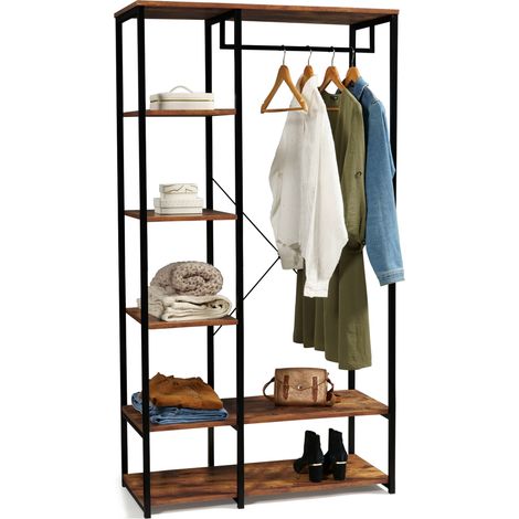 Idmarket – Dressing penderie étagères L. 90 cm H167 cm – Structure métal noir – 6 tablettes maxi capacité – Design industriel bois foncé