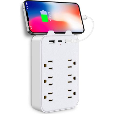 Prolongateur de prise mural 6 ports, parasurtenseur avec 3 ports USB (1 USB-C, 2 USB-A), multiprise à fixation murale, adaptateur avec support téléphone intégré pour voyage, maison, bureau (1/5)