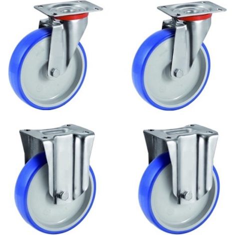 Lot de 4 roulettes pivotantes et fixes polyuréthane BLEU-SOFT® 80 mm - 225 Kg (1/3)