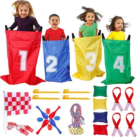 Outdoor Games for Kids, Sack Race, Crawling Race, Outdoor Birthday Games, Egg and Spoon Race - with Medal, 32-Piece 4-in-1 Sports Day Games Set, Party Games for Children and Adults (1/5)