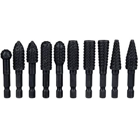 Treki 10Pcs Ensemble de Râpes Rotatives pour Fraises 6.35 mm Fraises Rotatives de Poignée Hexagonale en Acier Carbone Outil de Sculpture pour Sculpture sur Bois, Polissage Métaux, Gravure, Noir (1/5)