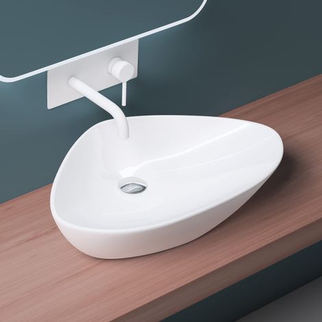 Mai & Mai Lavabo da Appoggio 59X39X13cm, Lavandino Bagno Lavabo in Ceramica Brüssel215 Nano Rivestimenti Inclusi, Bianco (1/5)