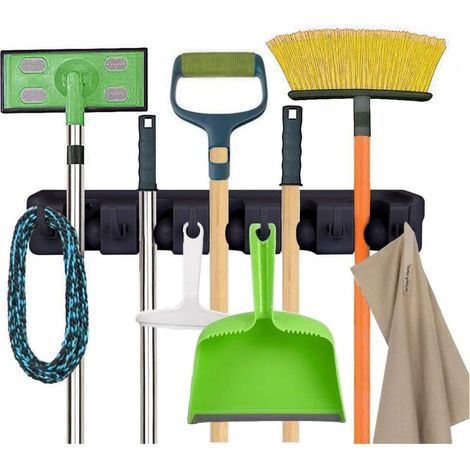 Support Mural Porte-Balais et Outils – Râtelier de Rangement 5 Emplacements Automatiques + 6 Crochets Pliants Organisateur Mural Garage (1/5)
