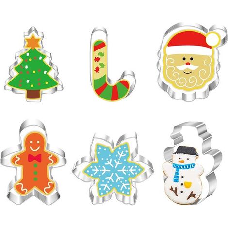 Cortadores de galletas navideños grandes con forma de Papá Noel, hombre de jengibre, árbol de Navidad y muñeco de nieve - Juego de 6 piezas (1/5)