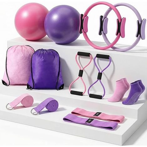 Anneau Pilates - Ballon Pilates - Kit Équipement Fitness Maison avec Bandes de Résistance, Sangle Yoga, Chaussettes Antidérapantes, Sac de Transport - 2 Sets (Violet et Rose) - 12 Pièces (1/3)