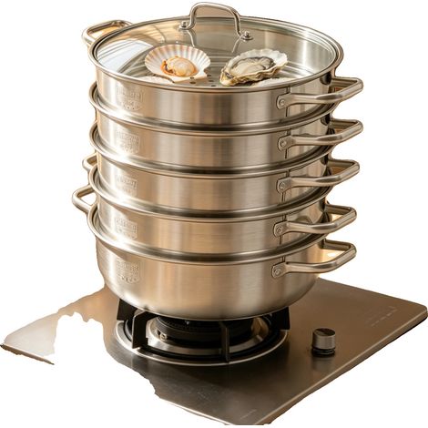 Vaporiera, diametro 32 cm, design a 5 livelli, coperchio in vetro temperato, acciaio inox lucidato, non richiede montaggio. (1/5)