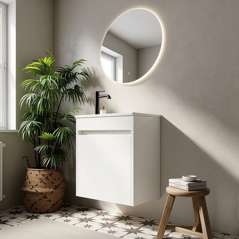 Meuble salle bain 46cm blanc, rangement spacieux 1 porte fermeture douce, meuble vasque compact, gain place petite salle d'eau (1/5)