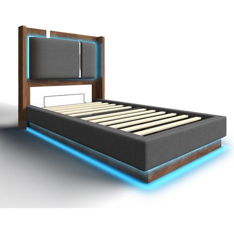 Letto contenitore 90 x 200 cm con rete, LED e sollevamento idraulico, grigio e noce (1/5)