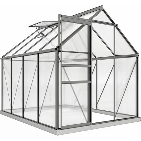 Serre en polycarbonate et aluminium avec fenêtre ouvrante et porte coulissante, 190 x 253 x 199 cm, gris foncé (1/5)