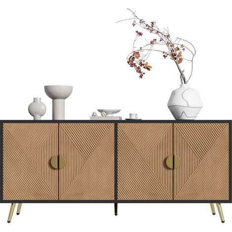Buffet 160cm 4 portes - Poignées métal doré brossé, pieds laqués brillants