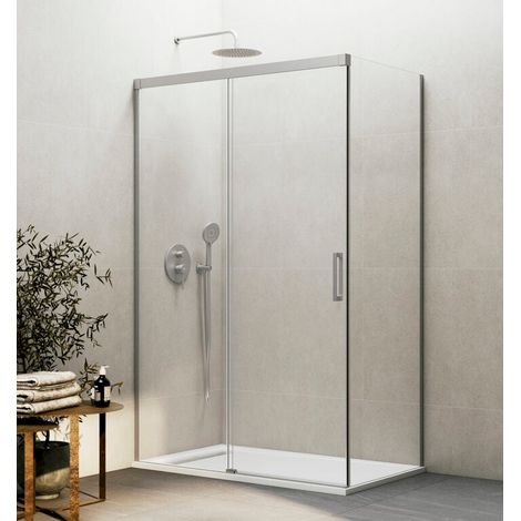 BASIC box doccia angolare con porta scorrevole, pannello fisso frontale e lato fisso, 120x90 cm, vetro trasparente, profili nichel (1/5)