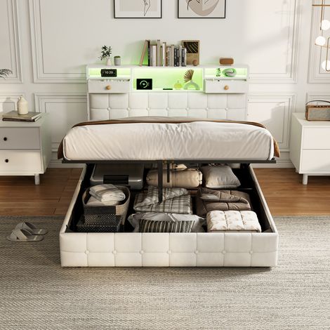 Doppelbett 140x200 mit bettkasten, Polsterbett mit LED-Beleuchtung und USB Ladeanschluss, Bettgestell 140x200 mit Hydraulisch Stauraum und Kopfteil, Jugendbett mit Lattenrost, Samt, Beige