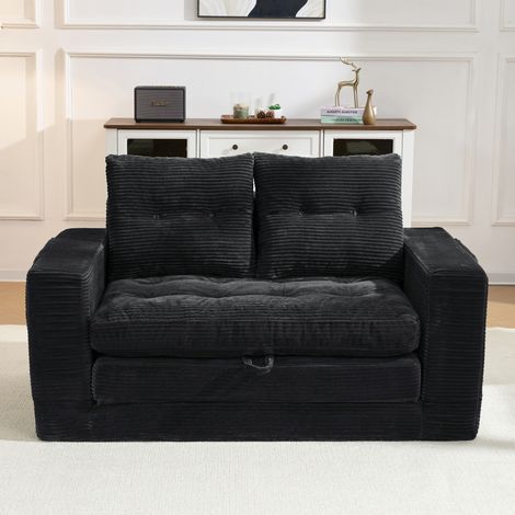 Canapé deux places, idéal pour s'allonger et s'asseoir, avec accoudoirs élargis et poches latérales – convient au salon, à la chambre et au bureau, Noir (1/5)